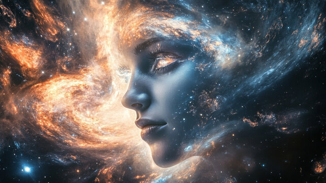 Mystical cosmic woman&rsquo;s face with glowing eyes, surrounded by stars, nebula, and galactic light in space