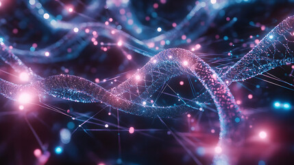 A glowing DNA strand in soft blue and pink hues with shimmering light particles, symbolizing genetic creativity and futuristic innovation.

