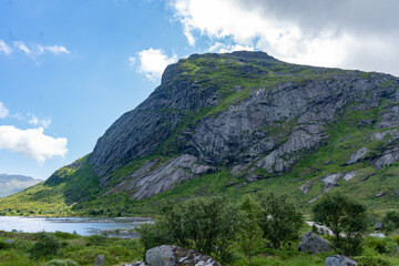 Cloud covered mountain peak in Lofoten island, Norway