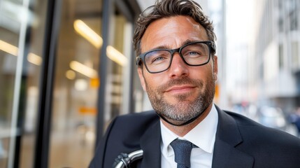 A confident businessman in a suit with stylish glasses and helmet is holding a bike, embodying a mix of professionalism and an active urban lifestyle focus.