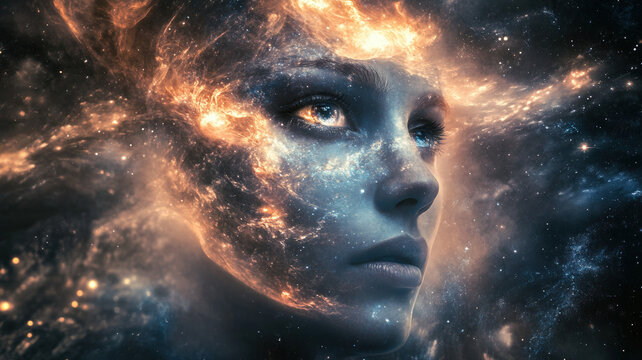 Mystical cosmic woman&rsquo;s face with glowing eyes, surrounded by stars, nebula, and galactic light in space