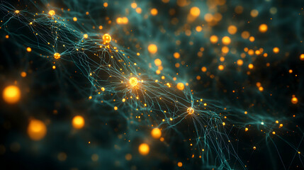A glowing web of golden light nodes and strands interconnected in a green-blue matrix, symbolizing futuristic neural networks.

