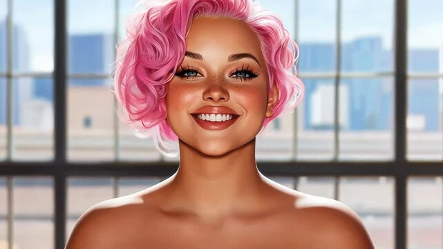 Smiling woman with vibrant pink hair in bright room, ideal for beauty and empowerment themes