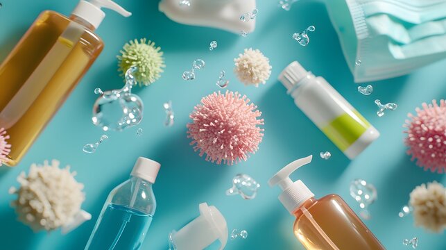 Health warning symbol with flu virus particles and hygiene products bright background lifestyle concept clean environment above view