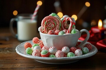 A festive display of colorful Christmas candies, toffees, chocolates, and sugar canes, capturing the sweet spirit of Christmas cheer.