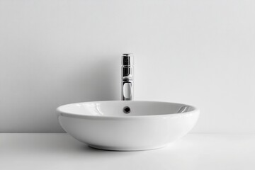Minimalist white ceramic bathroom sink with chrome faucet against a white wall.