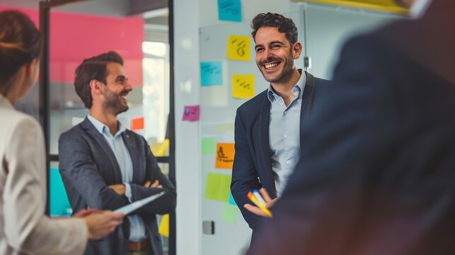 Smiling businessman guiding team of business developers through product launch strategy modern office setting vibrant energetic reflecting excitement and challenges of bringing new products to market
