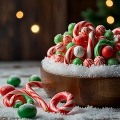 A festive display of colorful Christmas candies, toffees, chocolates, and sugar canes, capturing the sweet spirit of Christmas cheer.