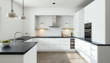 Fototapeta premium A Sleek Kitchen with White Cabinets and Black Countertops