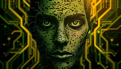 A pixelated abstract face blending human features with glitch effects, merging into lines of code, set against a glowing circuitry background.