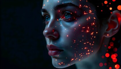 A pixelated abstract face blending human features with glitch effects, merging into lines of code, set against a glowing circuitry background.