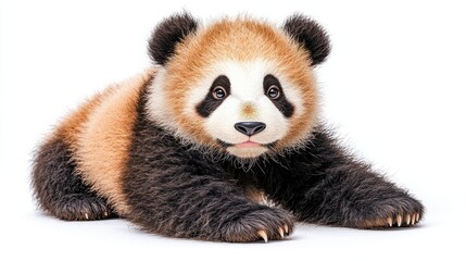 Fototapeta premium Playful panda cub enjoys a moment of curiosity in a bright, cheerful setting