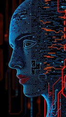 A pixelated abstract face blending human features with glitch effects, merging into lines of code, set against a glowing circuitry background.