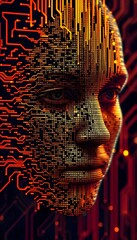A pixelated abstract face blending human features with glitch effects, merging into lines of code, set against a glowing circuitry background.