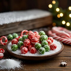 A festive display of colorful Christmas candies, toffees, chocolates, and sugar canes, capturing the sweet spirit of Christmas cheer.