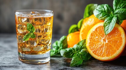 Refreshing citrus drink garnished with mint alongside fresh oranges on a textured surface
