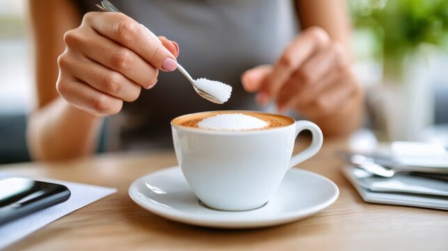 A close-up of a person's hand holding a spoon and adding sugar to a steaming cup of coffee, resting on a wooden table with warm natural lighting.