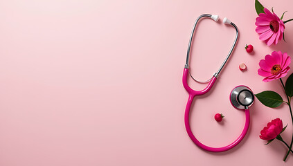 Fototapeta premium Show a top view image of a pink stethoscope surrounded by eustoma flowers on a soft pink background to promote awareness during October._00001_