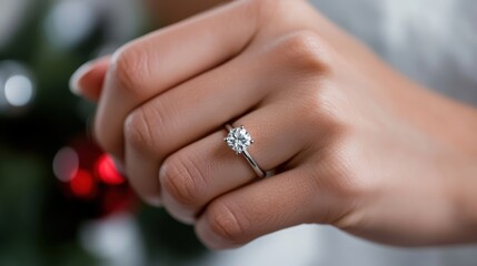 A close-up of a hand elegantly displaying a stunning diamond solitaire engagement ring, symbolizing commitment, romance, and timeless beauty in a classic setting.