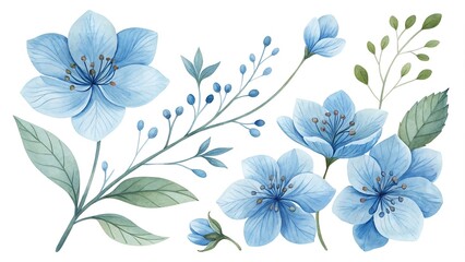 Fototapeta premium Watercolor blue Flower and leaf