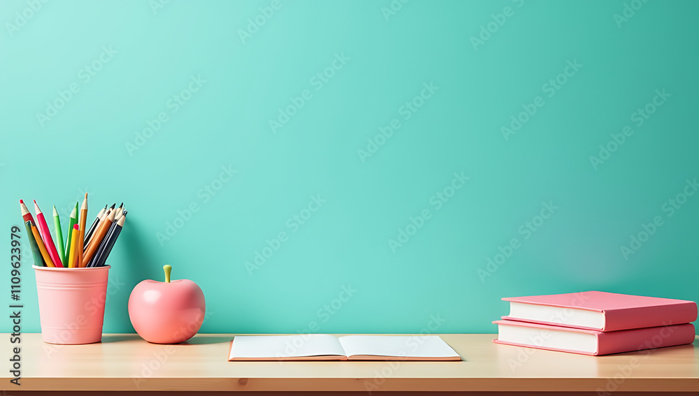 Aufkleber This stunning setup transforms your learning space with a top view of girlish essentials against a teal backdrop and empty space for text._00001_