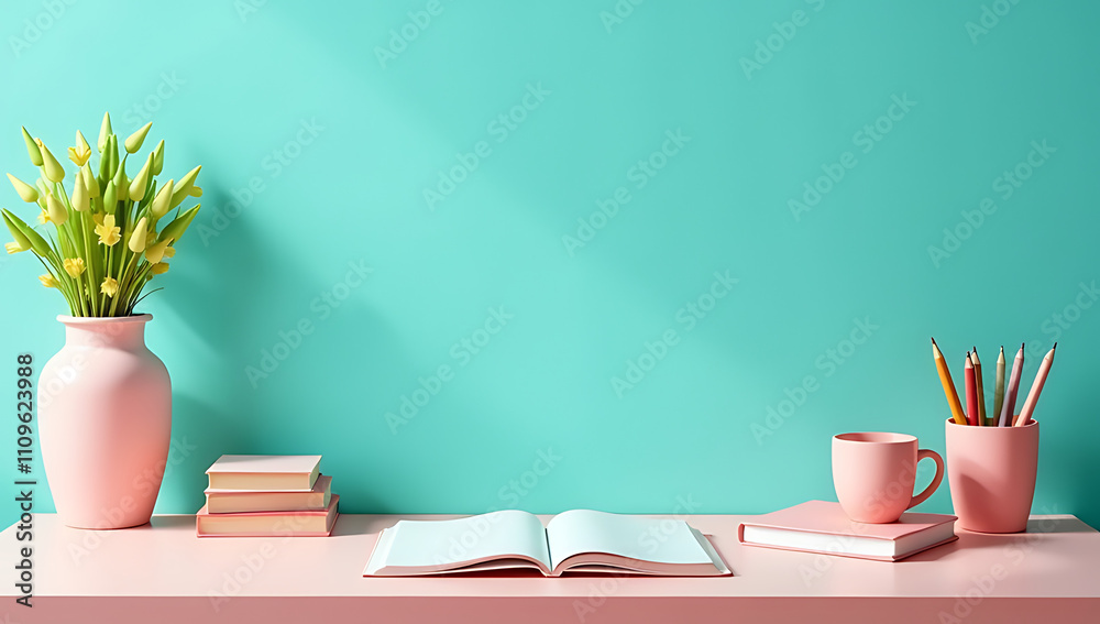 Aufkleber This stunning setup transforms your learning space with a top view of girlish essentials against a teal backdrop and empty space for text._00002_