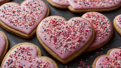 Heart-shape Valentine's Day heart sugar cookies with pink icing and colorful sprinkles