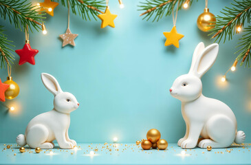 Children's Christmas poster. Two white hares are sitting on a table, behind them are red and yellow stars, balloons, fir branches and lights on a blue background. Copy space