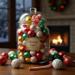 A festive display of colorful Christmas candies, toffees, chocolates, and sugar canes, capturing the sweet spirit of Christmas cheer.
