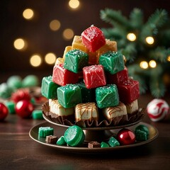 A festive display of colorful Christmas candies, toffees, chocolates, and sugar canes, capturing the sweet spirit of Christmas cheer.
