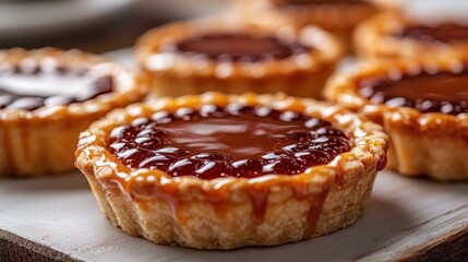 Tempting dessert tarts arranged on a rustic wooden table at a cozy café