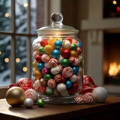 A festive display of colorful Christmas candies, toffees, chocolates, and sugar canes, capturing the sweet spirit of Christmas cheer.