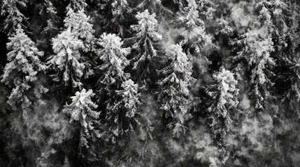 Snow-laden pine forest captured from an aerial perspective, showcasing the wintery texture of the landscape. 