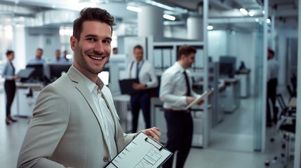 Smiling businessman holding clipboard guiding team of operation managers through busy corporate office image represents leadership efficiency importance of seamless operations achieving business goals