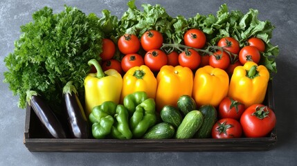 composition emphasizes the freshness and variety of the vegetables, suggesting a farm-to-table theme. The background is a soft, muted color that enhances the vividness of the produce