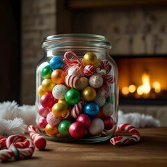 A festive display of colorful Christmas candies, toffees, chocolates, and sugar canes, capturing the sweet spirit of Christmas cheer.