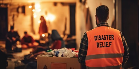 A group of volunteers is engaged in distributing essential aid in a disaster relief effort, emphasizing the importance of community support and humanitarian work during a critical evacuation