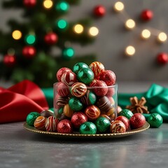 A festive display of colorful Christmas candies, toffees, chocolates, and sugar canes, capturing the sweet spirit of Christmas cheer.
