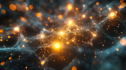Obraz premium Bright and dynamic orange light points connected by luminous threads, forming a neural-like network in a futuristic style.