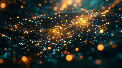 Fototapeta premium A dynamic and luminous web of golden light particles and blue accents, symbolizing advanced data or energy flow.
