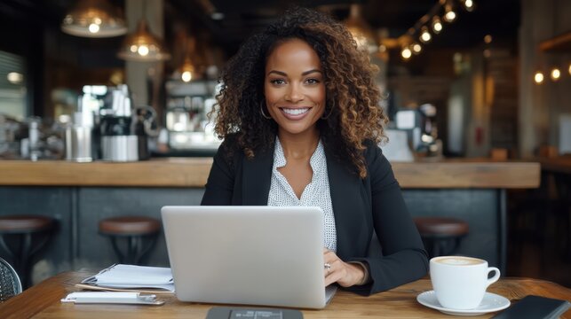 A dynamic woman, with a confident smile, is deeply engaged with her laptop in a warm and inviting café space, sending positive vibes and modern lifestyle energy.
