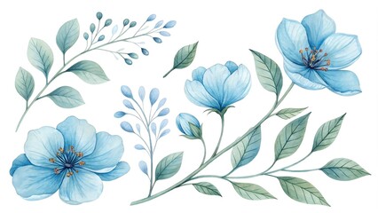 Fototapeta premium Watercolor blue Flower and leaf