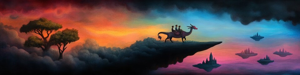 Two adventurers ride a mythical creature across a colorful dreamlike landscape at dusk.