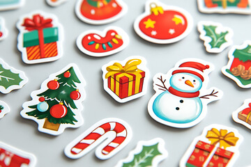 A vibrant set of Christmas-themed stickers, showcasing colorful illustrations of festive elements. The designs include beautifully wrapped gifts, cheerful snowmen, decorated Christmas trees