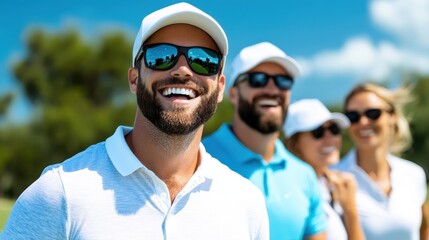 A cheerful group of golfers, all wearing white hats, pose with smiles under clear blue skies. They epitomize joy, teamwork, and the love for outdoor sports.