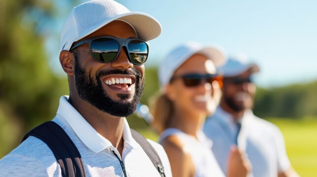 A diverse group of golfers, smiling under sunny skies, holding clubs, and dressed in sportswear, highlighting the enjoyment and social aspect of golfing.