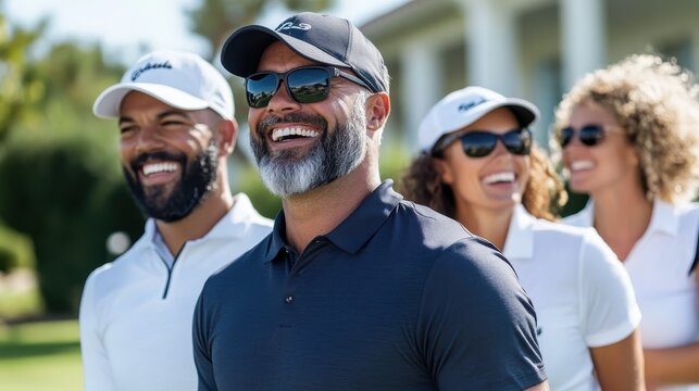 A lively group of diverse golfers share laughter and camaraderie, dressed in sporty attire, capturing a vibrant moment of fun and friendship on the golf course.