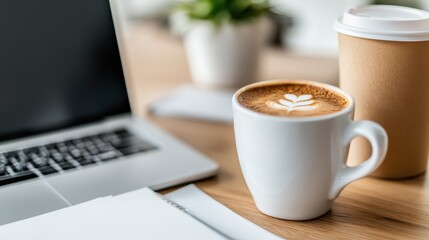 A cup of coffee sits beside an open laptop and a paper in a cafe, symbolizing a harmonious blend of work, warmth, and creativity, bathed in gentle light.