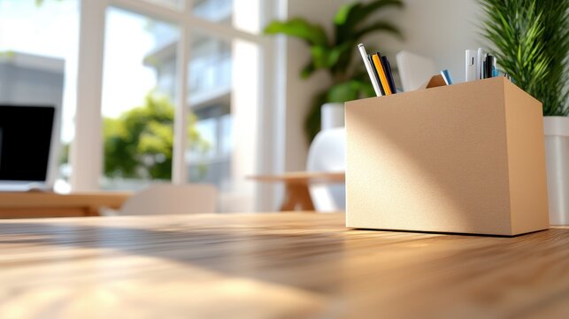 A sunlit office with a wooden desk featuring a cardboard box filled with pencils, indicating a modern workspace environment, natural light, and productivity.
