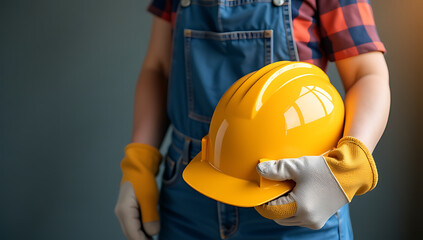 Fototapeta premium A photograph of a woman wearing work gloves and holding a safety helmet is used to show appreciation for labor on Labor Day._00003_